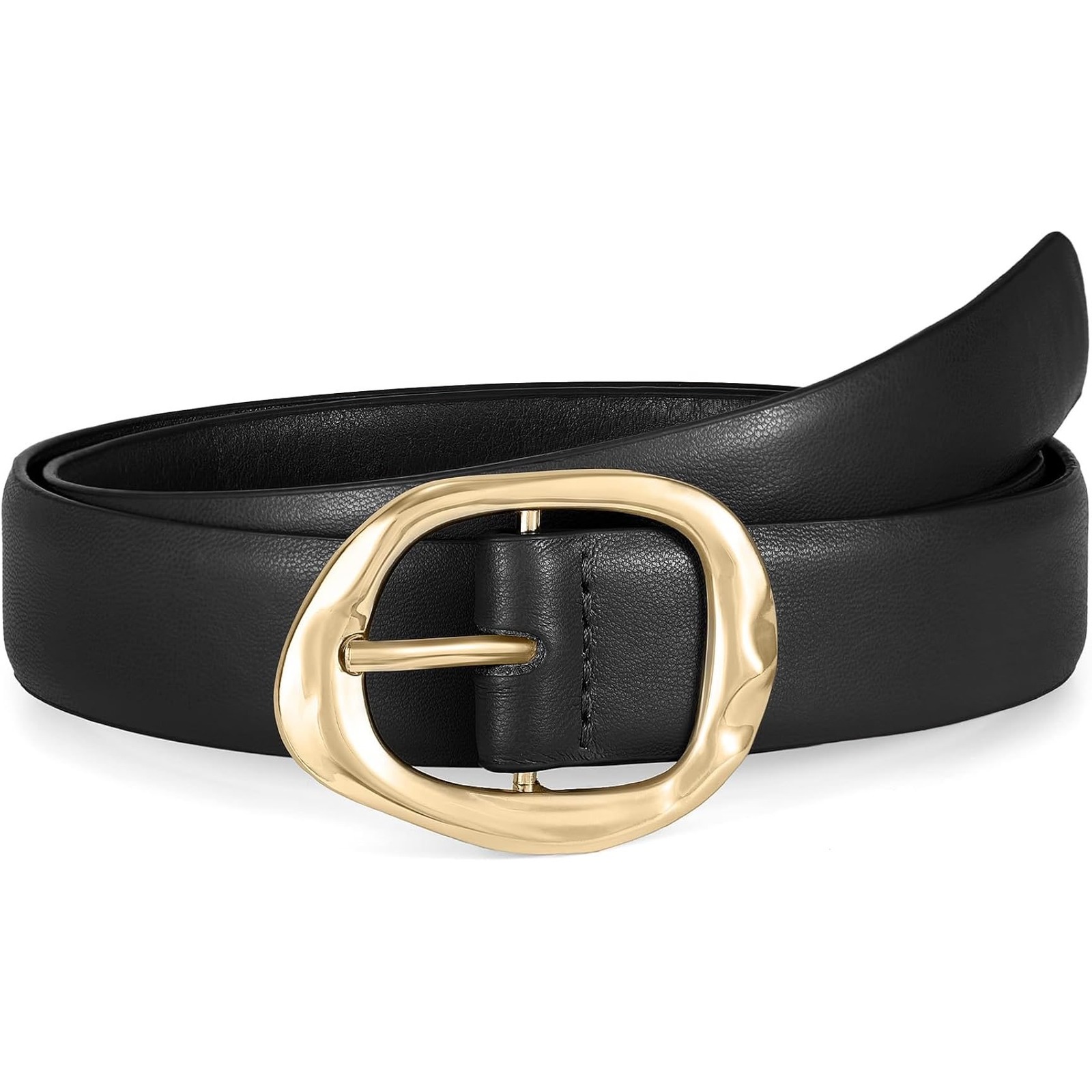 Womens Black Leather Belt Gold Organic Oval Hammered Buckle Classic Modern